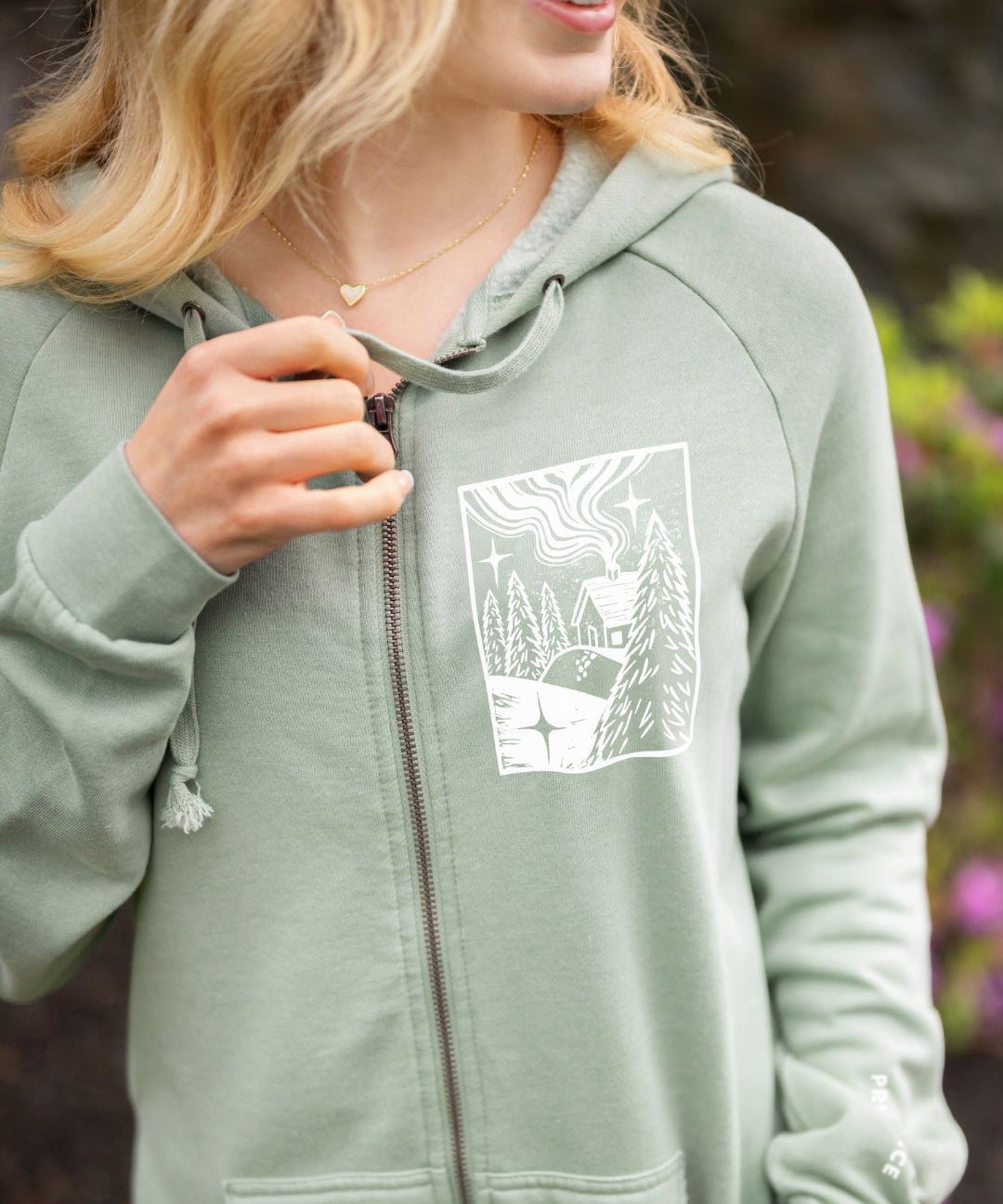 Prioritize Your Peace | Sunset Stroll Zip Hoodie with Sleeve Affirmation