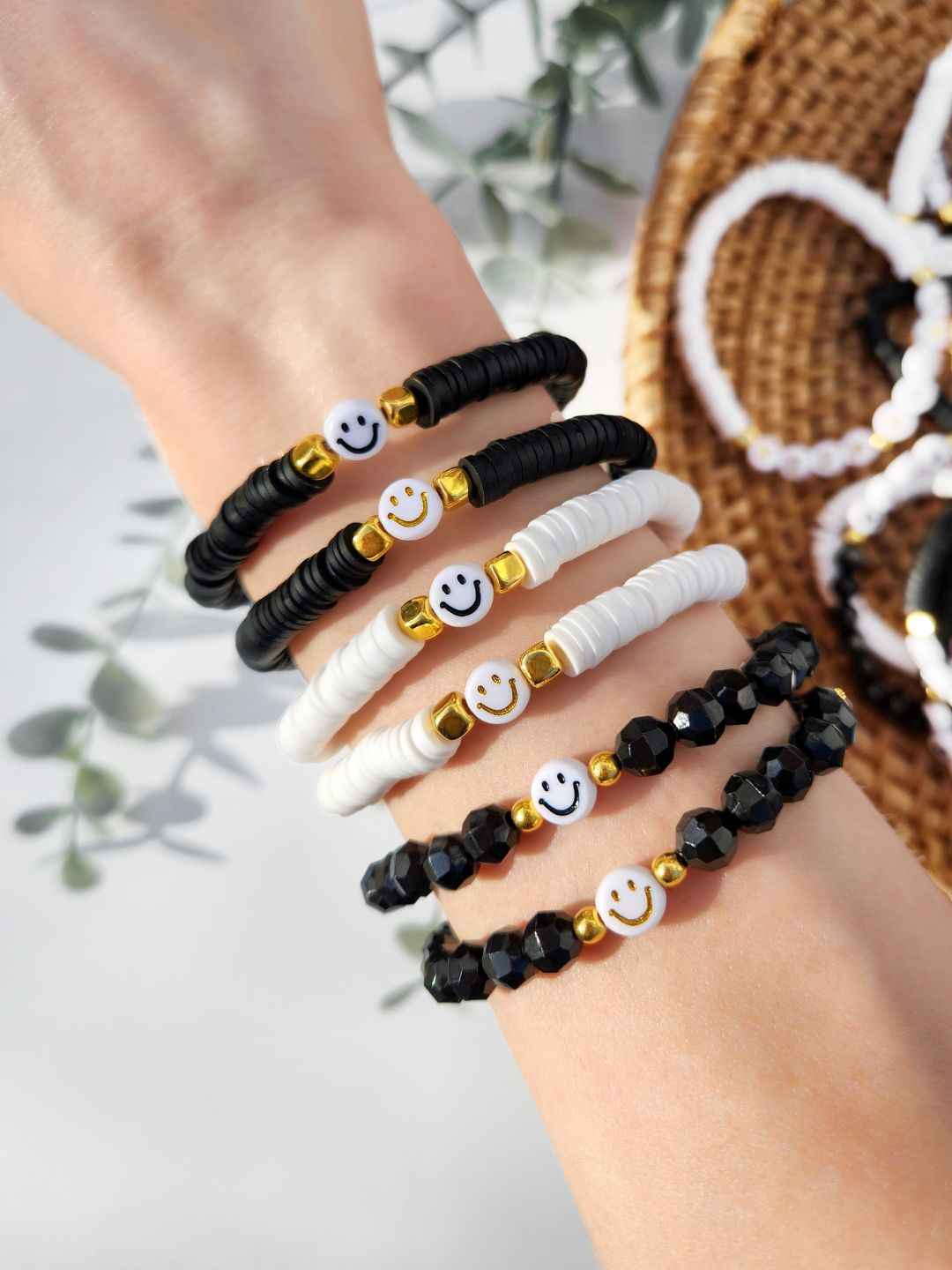 Bee Happy Black and Yellow Clay Bead Stretch Bracelet 