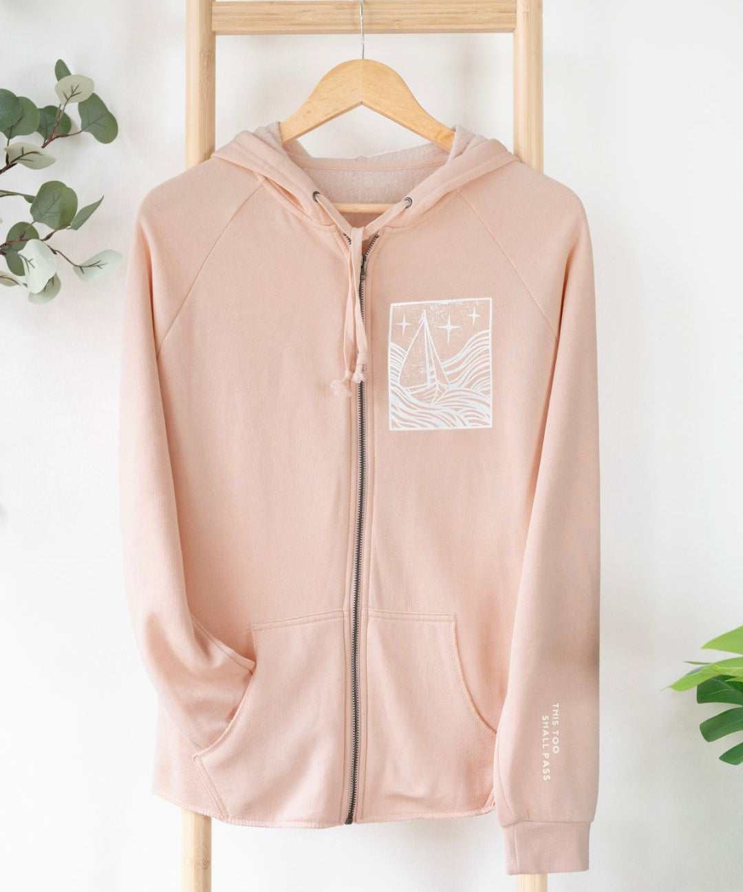 This Too Shall Pass | Sunset Stroll Zip Hoodie with Sleeve Affirmation